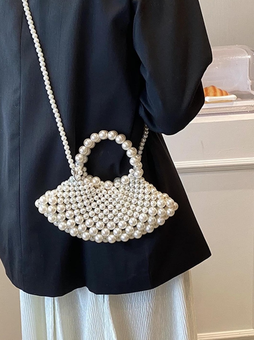 Faux Pearl Beaded Mini Top Handle Bag Crossbody Bridal Evening Purse